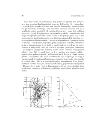 20 Semestralni rad
Glas tako zavisi od pobud¯ivanja koje potiˇce od glasnih ˇzica (zvuˇcno)
koje ima trenutnu (fundamentalnu, osnovnu) frekvenciju (tj. visinu glasa)
i boju (koja se u spektru idealno vidi kao zbir harmonika - sinusnih talasa
ˇcija je frekvencija celobrojni, red¯e racionalni umnoˇzak osnovne, dok im je
amplituda obiˇcno manja) ili od vazduha (bezvuˇcno), i moˇze biti razliˇcitog
intenziteta (gain). Propagiranjem tog zvuka kroz vokalni i nazalni trakt i na
kraju odaˇsiljanjem kroz usta i nosne otvore se dobija boja glasa, koja se vre-
menom menja kao i konﬁguracija ovog bioloˇskog aparata koji tako ima svoj
frekventni odziv i karakteristike. Osnovni gradivni elementi govornog signala
su foneme - samoglasnici, suglasnici, polusamoglasnici (sonanti), diftonzi od
kojih se formiraju slogovi, od kojih se opet formiraju reˇci, fraze i reˇcenice.
Foneme se mogu dalje deliti na zvuˇcne i bezvuˇcne, produˇzene (continuant
- ne menja se konﬁguracija vokalnog trakta tokom vremena: samoglasnici,
frikativi (npr. f ili ˇz), nazali (npr. m ili n - prolaze kroz nazalni trakt)), i
neproduˇzene (polusamoglasnici, diftonzi i afrikati). Pauza je takod¯e element
govora. Vokalni trakt ima svoje karakteristike koje se ogledaju pre svega u
rezonantnim frekvencijama (formantima), odnosno frekventnim odzivom ako
se posmatra kao LTI i to je posebno bitno kod samoglasnika. Prva dva for-
manta su posebno znaˇcajna (mada se prati i viˇse), pogotovu za samoglasnike
i diftonge, ˇsto se moˇze videti u dijagramima ispod (za viˇse ispitanika, desno
je takozvani trougao sa praktiˇcno upotrebljivim univerzalnim odnosima vred-
nosti):
 