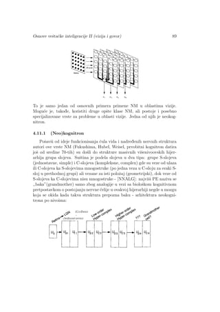 Osnove veˇstaˇcke inteligencije II (vizija i govor) 89
To je samo jedan od osnovnih primera primene NM u oblastima vizije.
Mogu´ce je, takod¯e, koristiti druge opˇste klase NM, ali postoje i posebno
specijalizovane vrste za probleme u oblasti vizije. Jedna od njih je neokog-
nitron.
4.11.1 (Neo)kognitron
Poˇsavˇsi od ideje funkcionisanja ˇcula vida i nadred¯enih nervnih struktura
autori ove vrste NM (Fukushima, Hubel, Weisel, prvobitni kognitron datira
joˇs od sredine 70-tih) su doˇsli do strukture masivnih viˇsenivoovskih hijer-
arhija grupa slojeva. Suˇstina je podela slojeva u dva tipa: grupe S-slojeva
(jednostavne, simple) i C-slojeva (kompleksne, complex) gde su veze od ulaza
ili C-slojeva ka S-slojevima mnogostruke (po jedna veza u C-sloju za svaki S-
sloj u prethodnoj grupi) ali vezane za isti poloˇzaj (geometrijski), dok veze od
S-slojeva ka C-slojevima nisu mnogostruke - [NNALG]: najviˇsi PE naziva se
,,baka”(grandmother) samo zbog analogije u vezi sa bioloˇskom kognitivnom
pretpostavkom o postojanju nervne ´celije u ovakvoj hijerarhiji negde u mozgu
koja se okida kada takva struktura prepozna baku - arhitektura neokogni-
trona po nivoima:
 