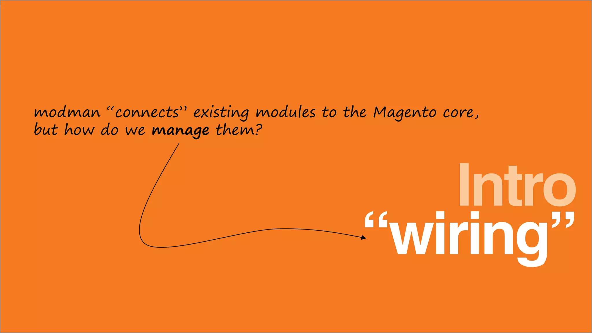 “wiring”
Intro
modman “connects” existing modules to the Magento core,
but how do we manage them?
 