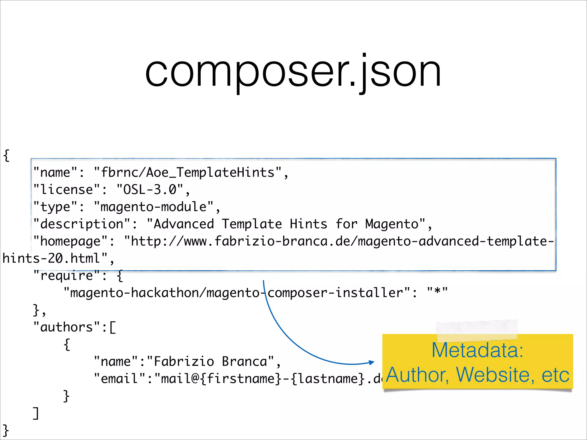 composer.json
{	
"name": "fbrnc/Aoe_TemplateHints",	
"license": "OSL-3.0",	
"type": "magento-module",	
"description": "Advanced Template Hints for Magento",	
"homepage": "http://www.fabrizio-branca.de/magento-advanced-template-
hints-20.html",	
"require": {	
"magento-hackathon/magento-composer-installer": "*"	
},	
"authors":[	
{	
"name":"Fabrizio Branca",	
"email":"mail@{firstname}-{lastname}.de"	
}	
]	
}
Metadata:
Author, Website, etc
 