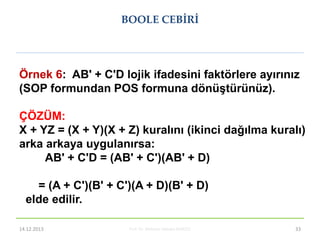Prof. Dr. Mehmet Akbaba BLM221 33
Örnek 6: AB' + C'D lojik ifadesini faktörlere ayırınız
(SOP formundan POS formuna dönüĢt...