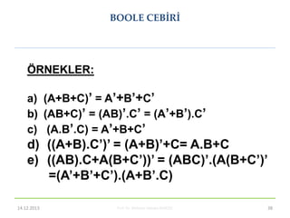 Prof. Dr. Mehmet Akbaba BLM221 38
ÖRNEKLER:
a) (A+B+C)’ = A’+B’+C’
b) (AB+C)’ = (AB)’.C’ = (A’+B’).C’
c) (A.B’.C) = A’+B+C...