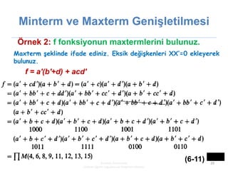 KBUZEM
Karabük Üniversitesi
Uzaktan Eğitim Uygulama ve Araştırma Merkezi
29
Minterm ve Maxterm Genişletilmesi
f = a'(b'+d)...
