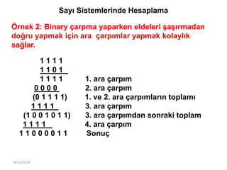 9/22/2014
Sayı Sistemlerinde Hesaplama
Örnek 2: Binary çarpma yaparken eldeleri şaşırmadan
doğru yapmak için ara çarpımlar...