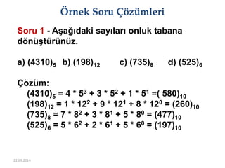 22.09.2014
Örnek Soru Çözümleri
Soru 1 - Aşağıdaki sayıları onluk tabana
dönüştürünüz.
a) (4310)5 b) (198)12 c) (735)8 d) ...