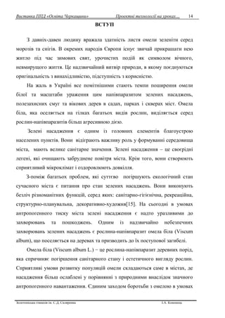 Виставка ППД «Освіта Черкащини» Проектні технології на уроках…
Золотоніська гімназія ім. С.Д. Скляренка І.А. Кононець
14
ВСТУП
З давніх-давен людину вражала здатність листя омели зеленіти серед
морозів та снігів. В окремих народів Європи існує звичай прикрашати нею
житло під час зимових свят, урочистих подій як символом вічного,
невмирущого життя. Це надзвичайний витвір природи, в якому поєднуються
оригінальність з винахідливістю, підступність з корисністю.
На жаль в Україні все помітнішими стають темпи поширення омели
білої та масштаби ураження цим напівпаразитом зелених насаджень,
полезахисних смуг та вікових дерев в садах, парках і скверах міст. Омела
біла, яка оселяється на гілках багатьох видів рослин, виділяється серед
рослин-напівпаразитів більш агресивною дією.
Зелені насадження є одним із головних елементів благоустрою
населених пунктів. Вони відіграють важливу роль у формуванні середовища
міста, мають велике санітарне значення. Зелені насадження – це своєрідні
легені, які очищають забруднене повітря міста. Крім того, вони створюють
сприятливий мікроклімат і оздоровлюють довкілля.
З-поміж багатьох проблем, які суттєво погіршують екологічний стан
сучасного міста є питання про стан зелених насаджень. Вони виконують
безліч різноманітних функцій, серед яких: санітарно-гігієнічна, рекреаційна,
структурно-планувальна, декоративно-художня[15]. На сьогодні в умовах
антропогенного тиску міста зелені насадження є надто уразливими до
захворювань та пошкоджень. Одним із надзвичайно небезпечних
захворювань зелених насаджень є рослина-напівпаразит омела біла (Viscum
album), що поселяється на деревах та призводить до їх поступової загибелі.
Омела біла (Viscum album L.) − це рослина-напівпаразит деревних порід,
яка спричиняє погіршення санітарного стану і естетичного вигляду рослин.
Сприятливі умови розвитку популяцій омели складаються саме в містах, де
насадження більш ослаблені у порівнянні з природними внаслідок значного
антропогенного навантаження. Єдиним заходом боротьби з омелою в умовах
 