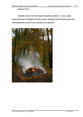 Виставка ППД «Освіта Черкащини» Проектні технології на уроках…
Золотоніська гімназія ім. С.Д. Скляренка І.А. Кононець
139
Додаток № 4
Досить часто самі вогнища знищують коріння і гілля кущів,
пошкоджують стовбури молодих дерев, нищать насіння цінних рослин,
перетворюють цілий пласт ґрунту на мертвий.
 