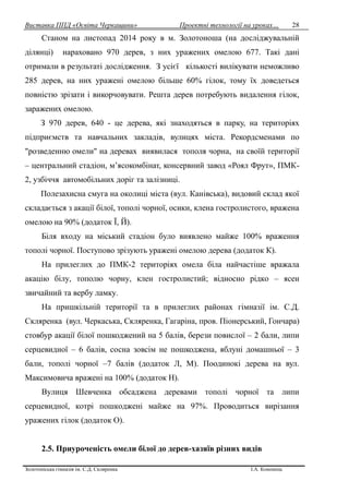 Виставка ППД «Освіта Черкащини» Проектні технології на уроках…
Золотоніська гімназія ім. С.Д. Скляренка І.А. Кононець
28
Станом на листопад 2014 року в м. Золотоноша (на досліджувальній
ділянці) нараховано 970 дерев, з них уражених омелою 677. Такі дані
отримали в результаті дослідження. З усієї кількості вилікувати неможливо
285 дерев, на них уражені омелою більше 60% гілок, тому їх доведеться
повністю зрізати і викорчовувати. Решта дерев потребують видалення гілок,
заражених омелою.
З 970 дерев, 640 - це дерева, які знаходяться в парку, на територіях
підприємств та навчальних закладів, вулицях міста. Рекордсменами по
"розведенню омели" на деревах виявилася тополя чорна, на своїй території
– центральний стадіон, м’ясокомбінат, консервний завод «Роял Фрут», ПМК-
2, узбіччя автомобільних доріг та залізниці.
Полезахисна смуга на околиці міста (вул. Канівська), видовий склад якої
складається з акації білої, тополі чорної, осики, клена гостролистого, вражена
омелою на 90% (додаток Ї, Й).
Біля входу на міський стадіон було виявлено майже 100% враження
тополі чорної. Поступово зрізують уражені омелою дерева (додаток К).
На прилеглих до ПМК-2 територіях омела біла найчастіше вражала
акацію білу, тополю чорну, клен гостролистий; відносно рідко – ясен
звичайний та вербу ламку.
На пришкільній території та в прилеглих районах гімназії ім. С.Д.
Скляренка (вул. Черкаська, Скляренка, Гагаріна, пров. Піонерський, Гончара)
стовбур акації білої пошкоджений на 5 балів, берези повислої – 2 бали, липи
серцевидної – 6 балів, сосна зовсім не пошкоджена, яблуні домашньої – 3
бали, тополі чорної –7 балів (додаток Л, М). Поодинокі дерева на вул.
Максимовича вражені на 100% (додаток Н).
Вулиця Шевченка обсаджена деревами тополі чорної та липи
серцевидної, котрі пошкоджені майже на 97%. Проводиться вирізання
уражених гілок (додаток О).
2.5. Приуроченість омели білої до дерев-хазяїв різних видів
 
