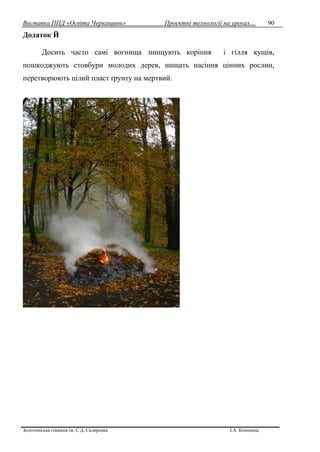 Виставка ППД «Освіта Черкащини» Проектні технології на уроках…
Золотоніська гімназія ім. С.Д. Скляренка І.А. Кононець
90
Додаток Й
Досить часто самі вогнища знищують коріння і гілля кущів,
пошкоджують стовбури молодих дерев, нищать насіння цінних рослин,
перетворюють цілий пласт ґрунту на мертвий.
 