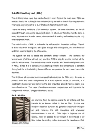 97 Page
6.4.4Air Handling Unit (AHU)
The AHU room is a room that can be found in every floor of the mall, many AHU are
needed due to the building’s size and complexity as well as the air flow requirements.
There are approximately 3 to 9 AHU at each floor of Summit Mall.
There are many variations of air condition system. In some variations, all the air
passed through one central equipment room. In others, air handling may be done in
many separate and smaller rooms, whereas central heating and cooling require only
one equipment room.
The main function of AHU is to handle the airflow within the entire building. The air
is draw back from the space, let it pass through the cooling coils, mix with fresh air
and then channel back to the office units.
The system for this is called the constant airflow system. This remains the
temperature of airflow will not vary and the AHU is able to provide cool air at the
specific temperature. The temperature can be adjusted with a controlled panel found
in AHU. Since it is a central air conditioning system, the temperature is constant
throughout the entire building; hence different temperature for each room cannot be
adjusted.
The AHU are all enclosed in rooms specifically designed for AHU only. In order to
protect AHU and other components in it from external forces or pressure, it is
electrically charged air and removes the dirt, impurities placed inside a room, in a
form of enclosure. This room of enclosure ensures compactness and it protects the
components within it. (Pages.drexel.edu, 2015)
6.4.4.1 Air filter
Air returning from the rooms enters the air grillers and then
transfer to air ionizer before to the air filter. Ionizer use
charged electrical surfaces to generate electrically charged
air and removes the dirt, impurities and unwanted
contaminations in the air. This helps to improve the air
quality. After air passes the air ionizer, it then moves to air
filter before the cooling coil as to ensure the cleanliness of air
Diagram 6.14: Air Filter
 