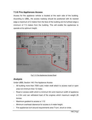 114 Page
Fig 7.11 Fire Appliances Access Road
7.3.6 Fire Appliances Access
Access for fire appliance vehicle is located at the each side of the building.
According to UBBL, the access roadway should be positioned with its nearest
edge a maximum of 2 meters from the face of the building and its furthest edge a
minimum of 7.5 meters from the building. This will enable the appliances to
operate at its optimum height.
Analysis
Under UBBL Section 140: Fire Appliance Access
- All building more than 7000 cubic meter shall attach to access road or open
area not minimum than 12 meter.
- Road or access width which is minimum 6m and maximum width of appliance
is 2.5m and can withstand load of fire engines which maximum weight 26
tonnes
- Maximum gradient to access is 1:12
- Minimum overhead clearance for access is 4 meter height.
- Fire appliances turn-around requirements area T-turn, shunt or circle.
 