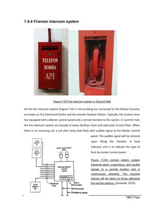 125 Page
7.4.4 Fireman intercom system
Figure 7.22 Fire Intercom system in Summit Mall
All the fire intercom system (Figure 7.22) in the building are connected to the Master Console,
as known as Fire Command Centre and the remote Handset Station. Typically, fire control room
has equipped with a Master control panel and a remote handset to the system. In Summit mall,
the fire intercom system are located at every facilities room and staircases of each floor. When
there is an incoming call, a call alert lamp shall flash with audible signal at the Master control
panel. The audible signal will be silenced
upon lifting the handset. A fault
indicator unit is to indicate the type of
fault by master control panel.
Figure 7.22A remote station system
transmits alarm, supervisory, and trouble
signals to a remote location that is
continuously attended. The required
actions will be taken by those attending
the remote stations. (Grondzik, 2010)
 