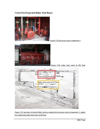 128 Page
7.4.5.2 Fire Pump And Water Tank Room
Figure 7.25 fire pump room in basement 1
Figure 7.26 water tank room at 5th floor
Figure 7.27 site plan of Summit Mall, red box marked the fire pump room at basement 1, yellow
box marked the water tank room at 5th floor
Fire pump room at B1
Water tank room at 5th
floor
 