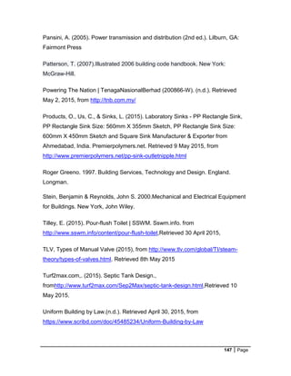 147 Page
Pansini, A. (2005). Power transmission and distribution (2nd ed.). Lilburn, GA:
Fairmont Press
Patterson, T. (2007).Illustrated 2006 building code handbook. New York:
McGraw-Hill.
Powering The Nation | TenagaNasionalBerhad (200866-W). (n.d.). Retrieved
May 2, 2015, from http://tnb.com.my/
Products, O., Us, C., & Sinks, L. (2015). Laboratory Sinks - PP Rectangle Sink,
PP Rectangle Sink Size: 560mm X 355mm Sketch, PP Rectangle Sink Size:
600mm X 450mm Sketch and Square Sink Manufacturer & Exporter from
Ahmedabad, India. Premierpolymers.net. Retrieved 9 May 2015, from
http://www.premierpolymers.net/pp-sink-outletnipple.html
Roger Greeno. 1997. Building Services, Technology and Design. England.
Longman.
Stein, Benjamin & Reynolds, John S. 2000.Mechanical and Electrical Equipment
for Buildings. New York, John Wiley.
Tilley, E. (2015). Pour-flush Toilet | SSWM. Sswm.info. from
http://www.sswm.info/content/pour-flush-toilet,Retrieved 30 April 2015,
TLV, Types of Manual Valve (2015), from http://www.tlv.com/global/TI/steam-
theory/types-of-valves.html. Retrieved 8th May 2015
Turf2max.com,. (2015). Septic Tank Design.,
fromhttp://www.turf2max.com/Sep2Max/septic-tank-design.html,Retrieved 10
May 2015.
Uniform Building by Law.(n.d.). Retrieved April 30, 2015, from
https://www.scribd.com/doc/45485234/Uniform-Building-by-Law
 
