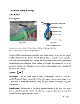 20 Page
2.4.6 Valve, Piping & Fittings
2.4.6.1 Valve
Butterfly Valve
Figure 2.24 shows the Butterfly Valve at Summit Mall Level 6 Storage Tank Area.
Figure 2.25 shows the component of a Butterfly Valve.
In Summit Mall, butterfly valve is used for water supply system. It connect and control
the flow of water from the Booster Pump to Storage Tank. A butterfly valve is a quarter-
turn valve used to regulate flow. A metal disc in the body of the valve is positioned
perpendicular to the flow in the closed position, and rotated one quarter of a turn to be
parallel to the flow in the fully opened position. Intermediate rotations allow regulation of
liquid flow (PIF, 2010).
Symbol:
Advantages: They are small, when actuated pneumatically, open and close very
quickly. The disc is lighter than a ball, and the valve requires less structural support than
a ball valve of comparable diameter. They are quite reliable and require very little
maintenance.
Disadvantage: Some portion of the disc is always presented to the flow, even when
fully opened. The use of a butterfly valve therefore always results in a pressure switch
across the valve, regardless of the setting.
Figure 2.24 Figure 2.25
(Source: Amazon Supply)
Hand Lever
Stem
Ring
Disc
Body
 