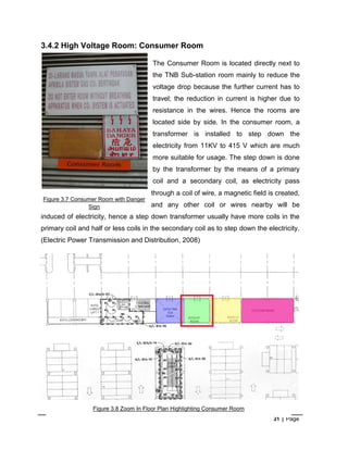 31 Page
3.4.2 High Voltage Room: Consumer Room
The Consumer Room is located directly next to
the TNB Sub-station room mainly to reduce the
voltage drop because the further current has to
travel; the reduction in current is higher due to
resistance in the wires. Hence the rooms are
located side by side. In the consumer room, a
transformer is installed to step down the
electricity from 11KV to 415 V which are much
more suitable for usage. The step down is done
by the transformer by the means of a primary
coil and a secondary coil, as electricity pass
through a coil of wire, a magnetic field is created,
and any other coil or wires nearby will be
induced of electricity, hence a step down transformer usually have more coils in the
primary coil and half or less coils in the secondary coil as to step down the electricity.
(Electric Power Transmission and Distribution, 2008)
Figure 3.7 Consumer Room with Danger
Sign
Figure 3.8 Zoom In Floor Plan Highlighting Consumer Room
 