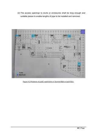 46 Page
(2) The access openings to ducts or enclosures shall be long enough and
suitable places to enable lengths of pipe to be installed and removed.
Figure 4.2 Positions of public washrooms in Summit Mall on each floor.
 
