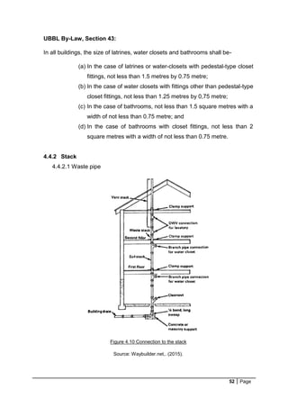 52 Page
UBBL By-Law, Section 43:
In all buildings, the size of latrines, water closets and bathrooms shall be-
(a) In the case of latrines or water-closets with pedestal-type closet
fittings, not less than 1.5 metres by 0.75 metre;
(b) In the case of water closets with fittings other than pedestal-type
closet fittings, not less than 1.25 metres by 0,75 metre;
(c) In the case of bathrooms, not less than 1.5 square metres with a
width of not less than 0.75 metre; and
(d) In the case of bathrooms with closet fittings, not less than 2
square metres with a width of not less than 0.75 metre.
4.4.2 Stack
4.4.2.1 Waste pipe
Figure 4.10 Connection to the stack
Source: Waybuilder.net,. (2015).
 
