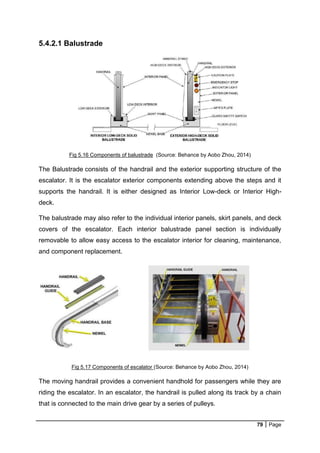 79 Page
5.4.2.1 Balustrade
Fig 5.16 Components of balustrade (Source: Behance by Aobo Zhou, 2014)
The Balustrade consists of the handrail and the exterior supporting structure of the
escalator. It is the escalator exterior components extending above the steps and it
supports the handrail. It is either designed as Interior Low-deck or Interior High-
deck.
The balustrade may also refer to the individual interior panels, skirt panels, and deck
covers of the escalator. Each interior balustrade panel section is individually
removable to allow easy access to the escalator interior for cleaning, maintenance,
and component replacement.
Fig 5.17 Components of escalator (Source: Behance by Aobo Zhou, 2014)
The moving handrail provides a convenient handhold for passengers while they are
riding the escalator. In an escalator, the handrail is pulled along its track by a chain
that is connected to the main drive gear by a series of pulleys.
 