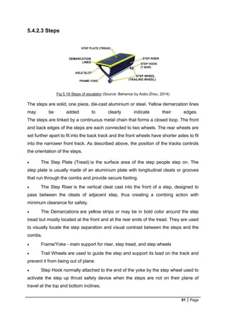 81 Page
5.4.2.3 Steps
Fig 5.19 Steps of escalator (Source: Behance by Aobo Zhou, 2014)
The steps are solid, one piece, die-cast aluminium or steel. Yellow demarcation lines
may be added to clearly indicate their edges.
The steps are linked by a continuous metal chain that forms a closed loop. The front
and back edges of the steps are each connected to two wheels. The rear wheels are
set further apart to fit into the back track and the front wheels have shorter axles to fit
into the narrower front track. As described above, the position of the tracks controls
the orientation of the steps.
 The Step Plate (Tread) is the surface area of the step people step on. The
step plate is usually made of an aluminium plate with longitudinal cleats or grooves
that run through the combs and provide secure footing.
 The Step Riser is the vertical cleat cast into the front of a step, designed to
pass between the cleats of adjacent step, thus creating a combing action with
minimum clearance for safety.
 The Demarcations are yellow strips or may be in bold color around the step
tread but mostly located at the front and at the rear ends of the tread. They are used
to visually locate the step separation and visual contrast between the steps and the
combs.
 Frame/Yoke - main support for riser, step tread, and step wheels
 Trail Wheels are used to guide the step and support its load on the track and
prevent it from being out of plane.
 Step Hook normally attached to the end of the yoke by the step wheel used to
activate the step up thrust safety device when the steps are not on their plane of
travel at the top and bottom inclines.
 