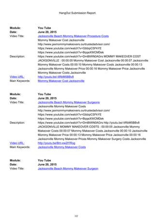HangOut Submission Report.
Module: You Tube
Date: June 20, 2015
Video Title: Jacksonville Beach Mommy Makeover Procedure Costs
Description:
Mommy Makeover Cost Jacksonville
http://www.jaxmommymakeovers.ourtrustedadvisor.com/
https://www.youtube.com/watch?v=GbbipCSFkYE
https://www.youtube.com/watch?v=BqqeXWCMDek
https://www.youtube.com/watch?v=DmBtWN0AGrs MOMMY MAKEOVER COST
JACKSONVILLE : 00:00:05 Mommy Makeover Cost Jacksonville 00:00:07 Jacksonville
Mommy Makeover Costs 00:00:10 Mommy Makeover Costs Jacksonville 00:00:13
Jacksonville Mommy Makeover Price 00:00:16 Mommy Makeover Price Jacksonville
Mommy Makeover Costs Jacksonville
Video URL: http://youtu.be/-IiRbM5BBv8
Main Keywords: Mommy Makeover Cost Jacksonville
Module: You Tube
Date: June 20, 2015
Video Title: Jacksonville Beach Mommy Makeover Surgeons
Description:
Jacksonville Mommy Makeover Costs
http://www.jaxmommymakeovers.ourtrustedadvisor.com/
https://www.youtube.com/watch?v=GbbipCSFkYE
https://www.youtube.com/watch?v=BqqeXWCMDek
https://www.youtube.com/watch?v=DmBtWN0AGrs http://youtu.be/-IiRbM5BBv8
JACKSONVILLE MOMMY MAKEOVER COSTS : 00:00:05 Jacksonville Mommy
Makeover Costs 00:00:07 Mommy Makeover Costs Jacksonville 00:00:10 Jacksonville
Mommy Makeover Price 00:00:13 Mommy Makeover Price Jacksonville 00:00:16
Jacksonville Mommy Makeover Prices Mommy Makeover Surgery Costs Jacksonville
Video URL: http://youtu.be/Bm-xw2tYRog
Main Keywords: Jacksonville Mommy Makeover Costs
Module: You Tube
Date: June 20, 2015
Video Title: Jacksonville Beach Mommy Makeover Surgeon
1/2
 