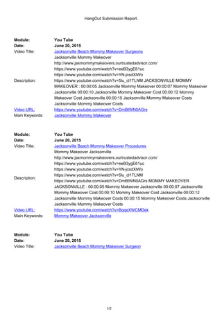 HangOut Submission Report.
Module: You Tube
Date: June 20, 2015
Video Title: Jacksonville Beach Mommy Makeover Surgeons
Description:
Jacksonville Mommy Makeover
http://www.jaxmommymakeovers.ourtrustedadvisor.com/
https://www.youtube.com/watch?v=eeB3ygE61uc
https://www.youtube.com/watch?v=YN-jcsdXlWo
https://www.youtube.com/watch?v=5lu_cl1TLNM JACKSONVILLE MOMMY
MAKEOVER : 00:00:05 Jacksonville Mommy Makeover 00:00:07 Mommy Makeover
Jacksonville 00:00:10 Jacksonville Mommy Makeover Cost 00:00:12 Mommy
Makeover Cost Jacksonville 00:00:15 Jacksonville Mommy Makeover Costs
Jacksonville Mommy Makeover Costs
Video URL: https://www.youtube.com/watch?v=DmBtWN0AGrs
Main Keywords: Jacksonville Mommy Makeover
Module: You Tube
Date: June 20, 2015
Video Title: Jacksonville Beach Mommy Makeover Procedures
Description:
Mommy Makeover Jacksonville
http://www.jaxmommymakeovers.ourtrustedadvisor.com/
https://www.youtube.com/watch?v=eeB3ygE61uc
https://www.youtube.com/watch?v=YN-jcsdXlWo
https://www.youtube.com/watch?v=5lu_cl1TLNM
https://www.youtube.com/watch?v=DmBtWN0AGrs MOMMY MAKEOVER
JACKSONVILLE : 00:00:05 Mommy Makeover Jacksonville 00:00:07 Jacksonville
Mommy Makeover Cost 00:00:10 Mommy Makeover Cost Jacksonville 00:00:12
Jacksonville Mommy Makeover Costs 00:00:15 Mommy Makeover Costs Jacksonville
Jacksonville Mommy Makeover Costs
Video URL: https://www.youtube.com/watch?v=BqqeXWCMDek
Main Keywords: Mommy Makeover Jacksonville
Module: You Tube
Date: June 20, 2015
Video Title: Jacksonville Beach Mommy Makeover Surgeon
1/2
 