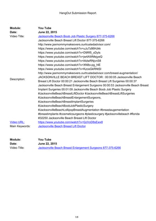 HangOut Submission Report.
Module: You Tube
Date: June 22, 2015
Video Title: Jacksonville Beach Boob Job Plastic Surgery 877-375-6266
Description:
Jacksonville Beach Breast Lift Doctor 877-375-6266
http://www.jaxmommymakeovers.ourtrustedadvisor.com/
https://www.youtube.com/watch?v=uJu7z86HJkk
https://www.youtube.com/watch?v=D9Rf5_xDyIs
https://www.youtube.com/watch?v=jw4AWMejyeQ
https://www.youtube.com/watch?v=lAdwRNjvnS8
https://www.youtube.com/watch?v=XN8o-pg_hlE
https://www.youtube.com/watch?v=KzosGkRNtSI
http://www.jaxmommymakeovers.ourtrustedadvisor.com/breast-augmentation/
JACKSONVILLE BEACH BREAST LIFT DOCTOR : 00:00:05 Jacksonville Beach
Breast Lift Doctor 00:00:21 Jacksonville Beach Breast Lift Surgeries 00:00:37
Jacksonville Beach Breast Enlargement Surgeons 00:00:53 Jacksonville Beach Breast
Implant Surgeries 00:01:09 Jacksonville Beach Boob Job Plastic Surgery
#JacksonvilleBeachBreastLiftDoctor #JacksonvilleBeachBreastLiftSurgeries
#JacksonvilleBeachBreastEnlargementSurgeons,
#JacksonvilleBeachBreastImplantSurgeries
#JacksonvilleBeachBoobJobPlasticSurgery
#JacksonvilleBeachLollipopBreastAugmentation #breastaugementation
#breastimplants #cosmeticsurgeons #plasticsurgery #jacksonvillebeach #florida
#32250 Jacksonville Beach Breast Lift Doctor
Video URL: https://www.youtube.com/watch?v=QJVoD8sEwx8
Main Keywords: Jacksonville Beach Breast Lift Doctor
Module: You Tube
Date: June 22, 2015
Video Title: Jacksonville Beach Breast Enlargement Surgeons 877-375-6266
1/6
 