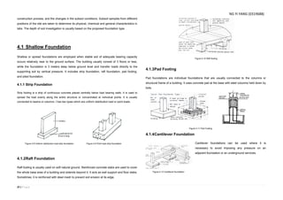 23 | P a g e
construction process, and the changes in the subsoil conditions. Subsoil samples from different
positions of the site are taken to determine its physical, chemical and general characteristics in
labs. The depth of soil investigation is usually based on the proposed foundation type.
4.1 Shallow Foundation
Shallow or spread foundations are employed when stable soil of adequate bearing capacity
occurs relatively near to the ground surface. The building usually consist of 3 floors or less,
while the foundation is 3 meters deep below ground level and transfer loads directly to the
supporting soil by vertical pressure. It includes strip foundation, raft foundation, pad footing,
and piled foundation.
4.1.1 Strip Foundation
Strip footing is a strip of continuous concrete placed centrally below load bearing walls. It is used to
spread the load evenly along the entire structure or concentrated at individual points. It is usually
connected to beams or columns. I has two types which are uniform distribution load or point loads.
4.1.2Raft Foundation
Raft footing is usually used on soft natural ground. Reinforced concrete slabs are used to cover
the whole base area of a building and extends beyond it. It acts as wall support and floor slabs.
Sometimes, it is reinforced with steel mesh to prevent soil erosion at its edge.
4.1.3Pad Footing
Pad foundations are individual foundations that are usually connected to the columns or
structural frame of a building. It uses concrete pad at the base with steel columns held down by
bots.
4.1.4Cantilever Foundation
Cantilever foundations can be used where it is
necessary to avoid imposing any pressure on an
adjacent foundation or an underground services.
Figure 4.8 Uniform distribution load strip foundation Figure 4.9 Point load strip foundation
Figure 4.10 Raft footing
Figure 4.11 Pad Footing
Figure 4.12 Cantilever foundation
NG YI YANG (0319688)
 