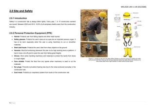 3 | P a g e
2.0 Site and Safety
2.0.1 Introduction
Safety in a construction site is always taken lightly. Every year, 1 in 10 construction workers
are injured. Between 2002 and 2012, 19.5% of all workplace deaths were from the construction
industry.
2.0.2 Personal Protection Equipment (PPE)
 Helmet: Protects user from falling objects and other head injuries.
 Safety glasses: Protects the user’s eyes as our eyes are an important sensory organ. It
has to be worn especially when the user is using machinery to cut or smoothen
materials.
 Steel toed boots: Protects the user’s feet from sharp objects on the ground.
 Harness: Must be functioning whenever the user is at a high working level or platform. It
has to have a tie-off point to save the user from falling great heights.
 Gloves: Worn when handling machinery and materials to protect the hands from sharp
or rough edges.
 Face shields: Protect the face from any sparks when machinery is used to cut the
materials.
 Ear plugs: Prevents cumulative hearing loss due to the noise produced everyday in the
construction site.
 Dust mask: Protects our respiratory system from dusts on the construction site.
Figure 2.1. During our site visit, the safety officer followed us around to ensure our safety and made
sure we wore hard hats. Since we did not have steel toed boots, the safety officer did not allow us to
enter areas where there might hazards to visitors without proper shoes.
MELISSA LIM LI LIN (0322680)
 