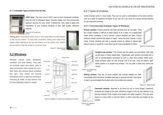 42 | P a g e
6.1.1.2 Available Types of Doors from the Site
uPVC door: The main lure of UPVC doors is their impressive durability;
they are built to withstand heavy, frequent usage over time and provide
optimum security for your home. Furthermore, they make a good first
impression of your property because of their high quality, attractive
features.
Sliding door: move along metal, wood or vinyl tracks fitted into their frames
at the top and bottom. To ease their movement, sliding doors often have
plastic rollers attached to the top and bottom or to the bottom only. Rollers
are provided to slide the shutter in a channel track.
6.2 Windows
Windows provide views, daylighting,
ventilation and solar heating. They open
up enclosed space and allows users to
enjoy picturesque views outside the room.
Both doors and windows admit ventilation
and light. They control the physical
atmosphere within a space by enclosing it,
excluding air drafts, so that interiors may
be more effectively heated or cooled.
6.2.1 Types of windows
Home windows come in many styles. They can be used in combinations of the same window,
such as a bank of casement windows, or you can mix it up, such as a picture window flanked
by two casement windows.
6.2.1.1 Commercially Available Types of Windows
Picture window: Picture windows are fixed windows that do not open. They
are usually installed in difficult to reach places to let in light. For unobstructed
views where ventilation is not a concern, picture windows are ideal. Picture
windows create a portrait-like space on walls - hence the word "picture" in their
name. Picture windows are also a popular choice for letting in natural light
without cold air in areas of a room that may be most susceptible to drafts.
Double-hung window: This window has two panes, top and bottom, that slide
up and down in tracks called stiles. Traditionally, each shutter is provided with a
pair of counterweights connected by cord or chain over pulleys. When open,
these windows allow air flow through half of its size. Only the bottom sash
slides upward in a single-hung window. The top sash is fixed and cannot be
moved.
Sliding window: Has two or more sashes that overlap slightly but slide
horizontally within the frame. Suitable openings or grooves are left in the frame
or wall to accommodate the shutters when the shutters are opened.
Casement window: Attached to its frame by one or more hinges. Casement
windows are hinged at the side. (Windows hinged at the top are referred to as
awning windows. Ones hinged at the bottom are called hoppers.) They are used
singly or in pairs within a common frame, in which case they are hinged on the
outside.
Figure 6.6 uPVC patio door
on site.
Figure 6.8 Diagram of a window and classification of its parts.
Figure 6.7. metal slide door
on site.
Figure 6.9. Picture window.
Figure 6.10. Double hung
window.
Figure 6.11. Sliding window.
Figure 6.12. Casement
window.
KOH SUNG JIE (0318912) & LIM JOE ONN (0318769)
 