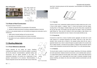 50 | P a g e
Steel roofing panels
7.0.3 Rules of Roof Construction
The primary functions of roof are to:
1. Provide an adequate barrier to the penetration of the elements.
2. Maintain the internal environment by proding an adequate resistance to heat loss.
A roof is in a very exposed situation and must therefore be designed and constructed in such a
manner as to:
1. Safely resist all imposed loadings such as snow and wind.
2. Be capable of accomodating thermal and moisture movements.
3. Be durable so as to give a satisfactory performance and reduce maintanence to a
minimum.
7.1 Roofing Materials
7.1.1 From Reference (General)
Industry standards for tile roofing are scarce. Sheathing,
underlayerments, fasteners, and tile should be installed in accordance
with the tile producers’ recommendations, applicable building code
requirements, and the highest standards of the trade. The
requirements presented in this section are a conglomerate of those
generally recommended by the producers. Recommendations of
industry-recognized sources have also been taken account where they
were found. Individual producers and their associations’ recommendations and building codes
may differ, however.
7.1.1.1 Clay tiles
Clay tile is dense, hard, nonabsorbent material produced by baking molded clay units in a kiln.
It may be either glazed or unglazed. Figure 7.4 shows some general clay tiles shapes,
including three in a flat category. Available shapes may vary from those shown, especially the
flat and pan tiles types. Flat shingles may have special butt shapes. These are sometimes
called Persian tile. Some clay tile is finished to mimic wood shingles or slate. Broken or cut
tiles will show clay’s characteristic red color, however, and are easily identified as clay.
7.1.1.2 Concrete tile
Concrete tile is made from a mixture of portland cement, aggregate, and water and is cured
under pressure at a controlled temperature and humidity. Some tile is cast; other tile is
extruded. Some concrete tiles is finished on the exposed surface while still wet, using a
pigmented clement slurry. Some is colored throughout by pigment added to the concrete color
with no added coloration. Concrete tile may be glazed or unglazed. Most concrete tile used for
roofing is either thestandard concrete barrel tile shape (Figure 7.5) or a flat interlocking shape.
7.1.1.3 Fasteners
Tile may be nailed in position or hung from wire hangers, depending on the tile type, substrates,
and code requirements. Fasteners should be noncorrosive, such as stainless steel, aluminum,
or a copper-bearing metal such as hard copper, silicon copper, or yellow metal. Nails should at
least be 11-gauge (3.1mm), large-headed and long enough to penetrate completely through
plywood sheathing, and distance into other wood nailable materials recommended by the tile
manufacturers.
Figure 7.4 Top view of metal flat roof
Figure 7.6 Concrete barrel tile type
Steel roofing products are
coated with either zinc
(galvanized) or a mixture of
aluminum and zinc Of the
two, aluminium offers the
longer service.
Roof type: Gable roof
Figure 7.5 Clay tile shapes
TAN WEN HAO (0319923)
 