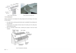 56 | P a g e
7.2.4.4 Underlayment
Roofing underlayment is laid between the roofing shingles and the roof decking. This is done
for three reasons:
 As a water barrier; preventing external water vapor or precipitation from percolating onto
the roofing deck
 Prevents parts of the shingles chemical mixture from leaking onto the roofing deck,
causing expensive repairs
 Acts as a secondary ambient barrier, reinforcing the purpose of heat and sound
insulation
Figure 7.28 Structure of rain gutter on siteFigure 7.27 Section of gutter details
Figure 7.29 Underlayment for roofing slate
 