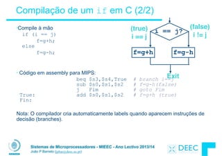 Sistemas de Microprocessadores - MIEEC - Ano Lectivo 2013/14
João P Barreto (jpbar@deec.uc.pt)
Compilação de um if em C (2/2)
•Compile à mão
if (i == j)
f=g+h;  
else
f=g-h;
!
!
• Código em assembly para MIPS:
beq $s3,$s4,True # branch i==j 
sub $s0,$s1,$s2 # f=g-h(false) 
j Fim # goto Fim 
True: add $s0,$s1,$s2 # f=g+h (true) 
Fin:
!
Nota: O compilador cria automaticamente labels quando aparecem instruções de
decisão (branches). 
Exit
i == j?
f=g+h f=g-h
(false)  
i != j
(true)  
i == j
 