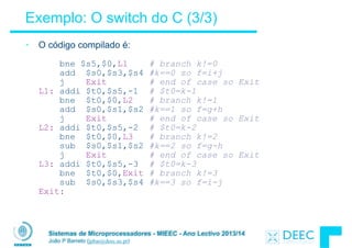 Sistemas de Microprocessadores - MIEEC - Ano Lectivo 2013/14
João P Barreto (jpbar@deec.uc.pt)
Exemplo: O switch do C (3/3)
• O código compilado é: 
 
bne $s5,$0,L1 # branch k!=0 
add $s0,$s3,$s4 #k==0 so f=i+j 
j Exit # end of case so Exit 
L1: addi $t0,$s5,-1 # $t0=k-1 
bne $t0,$0,L2 # branch k!=1 
add $s0,$s1,$s2 #k==1 so f=g+h 
j Exit # end of case so Exit 
L2: addi $t0,$s5,-2 # $t0=k-2 
bne $t0,$0,L3 # branch k!=2 
sub $s0,$s1,$s2 #k==2 so f=g-h 
j Exit # end of case so Exit 
L3: addi $t0,$s5,-3 # $t0=k-3 
bne $t0,$0,Exit # branch k!=3 
sub $s0,$s3,$s4 #k==3 so f=i-j  
Exit:
 