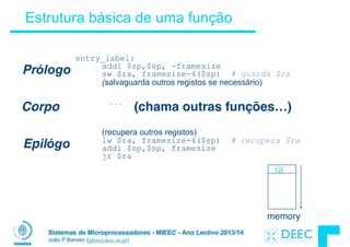 Sistemas de Microprocessadores - MIEEC - Ano Lectivo 2013/14
João P Barreto (jpbar@deec.uc.pt)
Estrutura básica de uma função
!
entry_label:  
addi $sp,$sp, -framesize 
sw $ra, framesize-4($sp) # guarda $ra 
(salvaguarda outros registos se necessário)
...
!
!
(recupera outros registos) 
lw $ra, framesize-4($sp) # recupera $ra 
addi $sp,$sp, framesize  
jr $ra
Epilógo
Prólogo
Corpo (chama outras funções…)
ra
memory
 