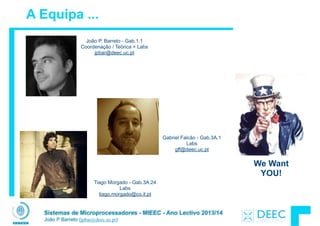 Sistemas de Microprocessadores - MIEEC - Ano Lectivo 2013/14
João P Barreto (jpbar@deec.uc.pt)
A Equipa ...
João P. Barreto - Gab.1.1
Coordenação / Teórica + Labs
jpbar@deec.uc.pt
Tiago Morgado - Gab.3A.24
Labs
tiago.morgado@co.it.pt
We Want
YOU!
Gabriel Falcão - Gab.3A.1
Labs
gff@deec.uc.pt
 