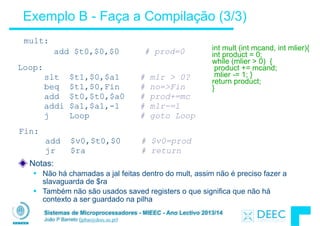 Sistemas de Microprocessadores - MIEEC - Ano Lectivo 2013/14
João P Barreto (jpbar@deec.uc.pt)
Exemplo B - Faça a Compilação (3/3)
mult:
add $t0,$0,$0 # prod=0
Loop: 
slt $t1,$0,$a1 # mlr > 0? 
beq $t1,$0,Fin # no=>Fin 
add $t0,$t0,$a0 # prod+=mc 
addi $a1,$a1,-1 # mlr-=1 
j Loop # goto Loop
Fin: 
add $v0,$t0,$0 # $v0=prod 
jr $ra # return
int mult (int mcand, int mlier){ 
int product = 0; 
while (mlier > 0) { 
product += mcand; 
mlier -= 1; } 
return product; 
}
Notas:
§ Não há chamadas a jal feitas dentro do mult, assim não é preciso fazer a
slavaguarda de $ra
§ Também não são usados saved registers o que significa que não há
contexto a ser guardado na pilha
 