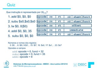 Sistemas de Microprocessadores - MIEEC - Ano Lectivo 2013/14
João P Barreto (jpbar@deec.uc.pt)
Quiz
Que instrução é representado por 35(10)?
1. add $0, $0, $0
2. subu $s0,$s0,$s0
3. lw $0, 0($0)
4. addi $0, $0, 35
5. subu $0, $0, $0
!
Números e nomes dos registos:  
0: $0, .. 8: $t0, 9:$t1, ..15: $t7, 16: $s0, 17: $s1, .. 23: $s7
Opcodes e campos
add: opcode = 0, funct = 32
subu: opcode = 0, funct = 35
addi: opcode = 8
opcode rs rt offset
rd functshamtopcode rs rt
opcode rs rt immediate
rd functshamtopcode rs rt
rd functshamtopcode rs rt
 