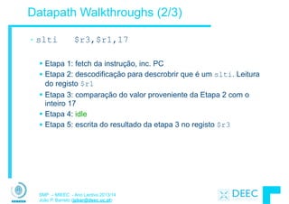 SMP – MIEEC - Ano Lectivo 2013/14
João P. Barreto (jpbar@deec.uc.pt)
Datapath Walkthroughs (2/3)
• slti $r3,$r1,17
!
§ Etapa 1: fetch da instrução, inc. PC
§ Etapa 2: descodificação para descrobrir que é um slti. Leitura
do registo $r1
§ Etapa 3: comparação do valor proveniente da Etapa 2 com o
inteiro 17
§ Etapa 4: idle
§ Etapa 5: escrita do resultado da etapa 3 no registo $r3
 