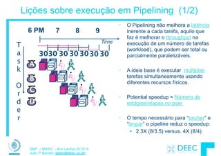 SMP – MIEEC - Ano Lectivo 2013/14
João P. Barreto (jpbar@deec.uc.pt)
Lições sobre execução em Pipelining (1/2)
• O Pipelining não melhora a latência
inerente a cada tarefa, aquilo que
faz é melhorar o throughput na
execução de um número de tarefas
(workload), que podem ser total ou
parcialmente paralelizáveis.
!
• A ideia base é executar múltiplas
tarefas simultaneamente usando
diferentes recursos físicos.
!
• Potential speedup = Número de
estágios/etapas no pipe
!
• O tempo necessário para “encher” e
“limpar” o pipeline reduz o speedup:
§ 2.3X (8/3.5) versus. 4X (8/4)
6 PM 7 8 9
Time
B
C
D
A
303030 3030 30 30
T
a
s
k
!
O
r
d
e
r
 