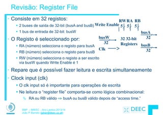 SMP – MIEEC - Ano Lectivo 2013/14
João P. Barreto (jpbar@deec.uc.pt)
Revisão: Register File
• Consiste em 32 registos:
§ 2 buses de saída de 32-bit (busA and busB)
§ 1 bus de entrada de 32-bit: busW
• O Registo é seleccionado por:
§ RA (número) selecciona o registo para busA
§ RB (número) selecciona o registo para busB
§ RW (número) selecciona o registo a ser escrito  
via busW quando Write Enable é 1
• Repare que é possível fazer leitura e escrita simultaneamente
• Clock input (clk)
§ O clk input só é importante para operações de escrita
§ Ne leitura o “register file” comporta-se como lógica combinacional:
Ä RA ou RB válido ⇒ busA ou busB válido depois de “access time.”
Clk
busW
Write Enable
32
32
busA
32
busB
5 5 5
RWRA RB
32 32-bit
Registers
 