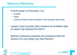 SMP – MIEEC - Ano Lectivo 2013/14
João P. Barreto (jpbar@deec.uc.pt)
Memory Hierarchy
• If level closer to Processor, it is:
§ smaller
§ faster
§ subset of lower levels (contains most recently used data)
!
• Lowest Level (usually disk) contains all available data
(or does it go beyond the disk?)
!
• Memory Hierarchy presents the processor with the
illusion of a very large very fast memory.
 