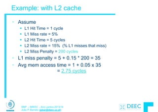 SMP – MIEEC - Ano Lectivo 2013/14
João P. Barreto (jpbar@deec.uc.pt)
Example: with L2 cache
• Assume
§ L1 Hit Time = 1 cycle
§ L1 Miss rate = 5%
§ L2 Hit Time = 5 cycles
§ L2 Miss rate = 15% (% L1 misses that miss)
§ L2 Miss Penalty = 200 cycles
• L1 miss penalty = 5 + 0.15 * 200 = 35
• Avg mem access time = 1 + 0.05 x 35
= 2.75 cycles
 