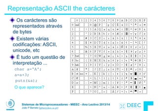 Sistemas de Microprocessadores - MIEEC - Ano Lectivo 2013/14
João P Barreto (jpbar@deec.uc.pt)
Representação ASCII the carácteres
Os carácteres são
representados através
de bytes
Existem várias
codificações: ASCII,
unicode, etc
É tudo um questão de
interpretação ...
char a='A';
a=a+3;
puts(&a);
O que aparece?
 