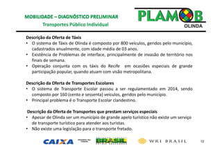 12
Transportes Público Individual
Descrição da Oferta de Táxis
• O sistema de Táxis de Olinda é composto por 800 veículos, geridos pelo município,
cadastrados anualmente, com idade média de 03 anos.
• Existência de Problemas de interface, principalmente de invasão de território nos
finais de semana.
• Operação conjunta com os táxis do Recife em ocasiões especiais de grande
participação popular, quando atuam com visão metropolitana.
Descrição da Oferta de Transportes Escolares
• O sistema de Transporte Escolar passou a ser regulamentado em 2014, sendo
composto por 160 (cento e sessenta) veículos, geridos pelo município.
• Principal problema é o Transporte Escolar clandestino.
Descrição da Oferta de Transportes que prestam serviços especiais
• Apesar de Olinda ser um município de grande apelo turístico não existe um serviço 
de transporte turístico para atender aos turistas. 
• Não existe uma legislação para o transporte fretado. 
 