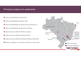  Plano de Mobilidade de Natal, RN
 Plano de Mobilidade de Itabira, MG
 Plano de Mobilidade de Campos dos Goytacazes, RJ
 Plano de Mobilidade de Monterrey, México 
 Apoio técnico ao Metrô do Rio de Janeiro
 Apoio técnico ao Metrô de Buenos Aires
 Apoio técnico ao Metrô de México (Material Rodante)
 Planos e projetos em Tiradentes, Mariana e Ouro Preto 
Principais projetos em andamento 
Planos em andamento
Planos concluídos
Rio Claro
Natal
Lucas do Rio Verde
Ribeirão das Neves
Itabira
C. dos Goitacazes
2
Ouro Preto, 
Mariana, 
Tiradentes
Belo Horizonte 
(regionais)Catanduva 8
 