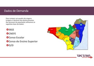 IBGE
CNEFE
Censo Escolar
Censo do Ensino Superior
O/D
Para compor um quadro de viagens 
(origens e destinos dos deslocamentos 
das pessoas) da população utilizamos as 
seguintes base de dados:
Dados de Demanda
 