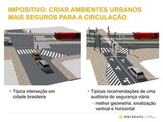 IMPOSITIVO: CRIAR AMBIENTES URBANOS
MAIS SEGUROS PARA A CIRCULAÇÃO
• Típicas recomendações de uma
auditoria de segurança viária:
• melhor geometria, sinalização
vertical e horizontal
• Típica interseção em
cidade brasileira
 