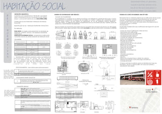 Desníveis máximos de
cada segmento de
rampa h (m)
Inclinação admissível em
cada segmento de
rampa i (%)
Número máximo de
segmentos de rampa
1,50 5,00 (1:20) Sem limite
1,00 5,00 (1:20) < i ≤ 6,25 (1:16) Sem limite
0,80 6,25 (1:16) < i ≤ 8,33 (1:12) 15
Áreas mínimas
Nos edifícios de apartamentos é obrigatória a existência de depósito de material
de limpeza e instalação sanitária, acessível, com chuveiro para uso do pessoal
de serviço.
Em todo edifício de apartamentos será obrigatória a existência de um espaço,
coberto ou não, para recreação infantil que deverá:
I - ter área proporcional a 2m² por unidade residencial, com dimensões mínimas
de 3,00m
II – estar separado da circulação ou estacionamento de veículos e de depósito
de lixo.
Abrigos de lixo Portão de acesso para via de no mínimo 1,5m
R
E
S
T.
N
O
R
M
A
T
I
V
A
S
ATELIÊ DE PROJETO INTEGRADO V
HABITAÇÃO SOCIAL
UNIVERSIDADE FEDERAL DE UBERLÂNDIA
FACULDADE DE ARQUITETURA E URBANISMO E DESIGN
LETÍCIA BEMFICA FERREIRAKELLEN PRISCILA FERREIRA
PARÂMETROS URBANISTICOS ÍNDICES TOTAIS PARA ÁREA = 3.600 m²
Taxa de ocupação 60% ou H2v : a 4 pav. = 40% (¹) 1440m² ou 2.160m² (¹)
Coeficiente de aproveitamento 3,0 10,800m²
Afastamento Frontal Mínimo
3,0(²) AFR = H/10 + 2,1, acima de
2 pavimentos
Afastamento Lateral Mínimos
1,5(²) ALF = H/10 + 1,5, acima de
2 pavimentos
Área permeável 20% 720m²
Conforme a Lei Complementar nº 525 de 2011 que Dispõe
sobre o Zoneamento do Uso e Ocupação do Solo Urbano,
Anexo I, o imóvel está inserido em uma Zona Mista (ZM).
Classificação do Uso Pretendido: Habitação de Interesse
Social (H3).
Especificação do Uso - Habitação Multifamiliar Vertical (H2v)
Por definição:
ZONA MISTA: é a região onde predominam as atividades de
habitação, comércio, serviços, com expressiva densidade
habitacional;
HABITAÇÃO DE INTERESSE SOCIAL: compreende as edificações
construídas através dos setores especiais de habitação social;
VOLUMETRIA
1 - Permitido 60% no primeiro pavimento, para o uso habitacional
m u l t i f a m i l i a r , p a r a a s á r e a s d e u s o c o m u m .
2 - H é a distância entre o nível médio do meio-fio, até o
piso do pavimento mais alto da edificação, exceto cada
d e m á q u i n a s , c a i x a d ’ á g u a e á r e a p r i v a t i v a
c o b e r t a a t é 3 5 % d a l a j e .
Hv2
- 1 para cada unidade autônoma, sendo que no mínimo 10% do nº de vagas deverá
ter dimensões de 2,4m x 5,00m =12,00m²
- Demais vagas deverá ter dimensões mínimas de 2,4 x 4,5m = 10,80m²
H3 Para H3 horizontal e vertical o mínimo será 50% do nº. de unidades autônomas.
No caso deste exercício,
foram definidas que as vagas
mínimas serão 50% da
quantidade das unidades. O
intuito é acirrar os debates
sobre a influência dos
automóveis nas cidades e a
área que ele ocupa em um
projeto de Hab. Social
AFASTAMENTO ENTRE OS BLOCOS
Hv2
Os afastamentos entre blocos de edificações, pertencentes a um mesmo
empreendimento, com mais de 2 pav. , exceto edifícios geminados, serão
calculados pela seguinte regra, sendo o mínimo de 3 m.
AB = H/5 + 1,20
DIMENSÕES MÍNIMAS
Áreas mínimas
Salas: 7,00m² de área e 2,00m de dimensão mínima;
Dormitórios: 7,00m² de área e 2,00m de dimensão mínima; quando houver mais
de um dormitório, os demais poderão ter área mínima de 6,00m²
Cozinhas: 5,00m² de área com 1,80m de dimensão mínima.
Banheiro com vaso sanitário, chuveiro e lavatório em um único compartimento
com área mínima de 1,80m², com dimensão mínima de 1,00m ou área de
1,20m², com no mínimo de 1,00m, quando o lavatório for externo ou quando
houver mais de um banheiro;
Área de Serviço: 1,50m²
Pé direito
Pé direito de 2,60m nos cômodos de permanência prolongada e nos demais,
2,40m, no mínimo.
Vale lembrar que essas
são dimensões mínimas
para garantir salubridade
e que atendem também à
interesses econômicos, não
garantindo conforto aos
u s u á r i o s .
ESTACIONAMENTOS - área mínima para estacionamentos
RESTRIÇÕES URBANÍSTICA NORMAS DE ACESSIBILIDADE: NBR 9050:2015
Conceito de Acessibilidade
É a possibilidade ou condição que se oferece às pessoas com deficiência ou limitação física para o acesso,
com segurança e autonomia, a espaços de uso público ou coletivo (edifícios de condomínios, praças,
estádios, clubes, hotéis...) ao livre trânsito nos logradouros, ao uso de mobiliários públicos (telefones ,
caixas de correio...) e utilização de prédios e equipamentos de uso comunitário (escolas, hospitais, postos de
saúde, etc.). Fonte Prefeitura de Uberlândia
Módulo de Referência
de cadeira de rodas
Algumas medidas são importantes para projetar espaços que gerem livre circulação das pessoas com dificuldades
de locomoção. Abaixo alguns exemplos, todos dados em metros, as demais normas foram consultadas na NBR9050.
Área para manobra de cadeira
de rodas sem deslocamento
Deslocamento consecutivo de
90º com percurso intermediário
Manobra de 180ºDeslocamento recomendável
para 90º
Deslocamento consecutivo de 90º
com percurso intermediário
Deslocamento consecutivo de 90º
com percurso intermediário
Cálculo da
inclinação de rampas
i = h x 100
c
Dimensões para ambientes:
NORMAS DO CORPO DE BOMBEIRO: NBR 9077:2001
Esta Norma fixa as condições exigíveis que as edificações devem possuir:
a) a fim de que sua população possa abandoná-las, em caso de
incêndio, completamente protegida em sua integridade física;
b) para permitir o fácil acesso de auxílio externo (bombeiros) para o
combate ao fogo e a retirada
da população.
As principais medidas para que a edificação seja segura em caso de
incêndio são:
- Acesso da viatura à edificação e áreas de risco;
- Separações entre edificações
- Segurança estrutural das edificações
- Compartimentação horizontal;
- Compartimentação vertical;
- Controle de materiais de acabamento;
- Saídas de emergência;
- Elevador de emergência;
- Controle de fumaça;
- Gerenciamento de risco de incêndio;
- Brigada de incêndio;
- Iluminação de emergência;
- Detecção de incêndio;
- Alarme de incêndio;
- Sinalização de emergência;
- Extintores;
- Hidrantes;
- Chuveiros automáticos;
- Resfriamento;
- Espuma;
- Sistema fixo de gases limpos e dióxido de carbono;
- Sistemas de proteção contra descargas atmosféricas
- Controles de fontes;
O terreno está bem localizado quanto ao Batalhão de Corpo de
Bombeiros, que fica a apenas 650m. Em casos de incêndio o
atendimento seria rápido.
Terreno
Corpo
de Bombeiros
 