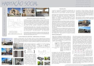 C
O
N
D
C
O
N
C
E
I
T
U
A
I
S
ATELIÊ DE PROJETO INTEGRADO V
HABITAÇÃO SOCIAL
UNIVERSIDADE FEDERAL DE UBERLÂNDIA
FACULDADE DE ARQUITETURA E URBANISMO E DESIGN
LETÍCIA BEMFICA FERREIRAKELLEN PRISCILA FERREIRA
Habitação de Interesse Social em Aigues-Mortes
O projeto de Thomas Landemaine Architectes na França foi feito em 2015
em uma área industrial. O espaço destinado ao projeto conta com um
edifício de três andares, o qual será analisado, e algumas residências térreas.
O que cria a identidade deste edifício é a madeira, que segundo o arquiteto
além de fazer a composição da fachada cria pequenos espaços, universos
secretos. A madeira acentua uma sensação de calidez e interioridade,
mas sobretudo permite o controle de opacidades e transparências, e
atua como um filtro, portanto, é possível 'ver sem ser visto'.
O interessante deste projeto para o nosso estudo é que combina em um
mesmo andar apartamentos de cinco tipologias e dimensões diferentes. A
circulação é feita através de uma escada que liga os 4 pavimentos e levam
a um hall que da acesso aos apartamentos. Importante destacar também
que cada apartamento tem dupla orientação, não desfavorecendo
t o t a l m e n t e n e n h u m d o s m o r a d o r e s .
Um dos aspectos mais interessante são os espaços externos particulares. Eles
são criados pelos terraços em balanço presentes em cada apartamento. Ele
permite aos moradores um espaço de convívio ao ar livre que geralmente é
descartado pelos apartamentos comuns.
Resultados APO
A partir da visita feita ao Residencial Palmeira Real na
cidade de Uberlândia percebemos vários problemas de
projeto que devem ser considerados ao projetar o Conjunto
Habitacional no Bairro Nossa Senhora Aparecida.
Analisando a partir da macro escala temos a barreira física criada
pelas grades do condomínio, ela dificulta o deslocamento
do pedestre que várias vezes percorre uma distancia maior
devida à possibilidade única de entrada e saída do
residencial. Ao adentrar o condomínio percebe-se a área
coletiva, que perde qualidade pela falta de espaços
sombreados e de espaços de lazer diversificados que atendam
a todas as faixas etárias.
A análise da estrutura e dos materiais permite avaliar que também
são um problema. O fato de a estrutura ser autoportante descarta
a possibilidade de reforma para a melhor adaptação dos perfis
familiares. As aberturas são feitas de forma mínima e desfavorecem
os moradores tanto na questão de conforto ambiental, como na de
privacidade. Esteticamente, a composição da fachada é apenas
uma sequência de apartamentos com aberturas monótonas.
Apesar de todos os problemas apontados, a avaliação
dos moradores foi em sua maioria positiva, pois
apresentam sentimentos afetivos com sua casa própria.
Conjunto Habitacional Jardim Edite - MMBB Arquitetos, H+F Arquitetos
Localizado na capital paulista, tinha como desafio construir um conjunto habitacional para acomodar as
famílias da favela Jardim Edite, que estava no mesmo lugar. Situada em uma região valorizada de São Paulo.
os arquitetos tinham como partido projetar um conjunto que não fosse enxergado como uma exceção da área,
mas que mantesse uma continuidade, além de suprir a demanda de equipamentos públicos, garantir que o
espaço não voltasse à situação de gueto e soluções arquitetônicas estéticas e que proporcionasse o mínimo
PROGRAMA
{ }Habitações (252)
+
Equipamentos Públicos
Unidade Básica de Saúde - Creche - Restaurante Escola
O térreo contempla os equipamentos
públicos, e é aberto à cidade, o que
gera uma calçada movimentada.
Os estacionamentos por qualquer
pessoa, devido o déficit de vagas
da região. Não há muros, o que
garante a abertura para a cidade.
Destaca-se o tratamento gráfico
da fachada, utilizando elementos
simples e baratos como grades e
armários avançados que protegem
a incidência solar. A ventilação
cruzada é priorizada, gerando
conforto térmico e as aberturas dão
um privilegiado alcance visual, além
disto, as circulações são pensadas
como um espaço de convívio gerando
integração social. Assim, o projeto
atende os três princípios de
sustentabilidade: Ecologica, Social
e e c o n ô m i c a .
ANTES - Favela Jardim Edite
DEPOIS - Conj. Hab. Jardim Edite
Os espaços coletivos existem, porém não
funcionam bem. A quadra esportiva foi posicionada
erroneamente o que gera uma incidência solar direta
que, juntamente com a deficiência de vegetação que
ofereça sombreamento, impossibilita o uso. O salão de
festas também não é utilizado, porque não possui um
número eficiente, além da burocracia enfrentada por
quem se interessar a reservar.
Partindo para o edifício tem-se problemas de rigidez, não é flexível à
famílias de perfis diferentes e nem à reformas; de privacidade, pois as
lajes são maciças e não possuem isolamento acústico, gerando
propagação por atrito e os apartamentos paralelos são muito
próximos; de conforto ambiental, uma vez que alguns apartamentos
são desfavorecidos pela sua orientação solar e falta de proteção
solar; de má distribuição dos espaços interiores, principalmente a
lavandaria, que atrapalham a realização de atividades cotidianas;
além de outros.
de manutenção.
Referências Bibliográficas
Alguns textos da bibliografia da disciplina acirraram as
reflexões sobre a Habitação de Interesse Social (HIS) que
é produzida no país. No Texto 1, é discutida soluções de
grandes arquitetos para tornar a HIS mais flexível. Uma
das propostas é individualizar os equipamentos
sanitários, o que possibilitaria o uso simultâneo por várias
pessoas. Abaixo um exemplo:
Overschie, 1957, Van den Broek
e Bakema
No diagrama de ações percebemos essa múltipla
funcionalidade da sala, o que indica a necessidade de
um espaço maior para abrigar todas essas atividades.
No Texto 2, é ressaltado que a sustentabilidade não é
priorizada na HIS porque produz custos, o que diminuiria o
número de famílias atendidas. Porém, vale mais buscar
qualidade na habitação do que simplesmente distribuir
casas que não atendem às necessidades dos
moradores. Um argumento utilizado é que muitas
famílias quando conquista a casa própria não consegue
arcar com os novos custos, nesse sentido equipamentos
para economia de água e energia, além de soluções
arquitetônicas que garantem ventilação natural, por
exemplo, diminuiria a fatura e ainda estaria contribuindo
para o meio ambiente.
Outra atitude que torna a HIS mais sustentável é pensar
em espaços mais flexíveis, tornando mais fácil e barato as
reformas e ampliações, gerando menos resíduos e custos
de manutenção, o que ainda aumenta o grau de
satisfação dos moradores e prolongaria a vida útil da
construção. Diminuir o peso da construção utilizando
estruturas mais leves e resistentes também é uma solução
viável, já que requererá menores peças de fundação,
logo economia de materiais, destaca-se as estruturas de
Steel Frame e Wood Frame, que serão analisadas
a d i a n t e .
No Brasil a demanda de habitações entre 2007 e 2023 é
de 35 milhões (PLANHAB), o que resultará em impactos
econômicos e ambientais. Sendo o setor de construção
civil o mais poluente e a que mais gera resíduos do
mundo, o que acirra a responsabilidade do projetista em
construir com o menor impacto possível.
Outra solução apresentada
para HIS com diferentes áreas é
integrar cozinha e sala por
passa-pratos e manter a
d i m e n s ã o d a p r i m e i r a
constante, já que é utilizada
apenas para preparar as
refeições, desempenhada por
a p e n a s u m a p e s s o a , e
aumentar as dimensões da
Segunda, onde se realizam as
refeições.
Gráfico 1: Perdas de materiais de construção em edifícios verticais
do Brasil. As perdas de material incorporado em excesso, ou transformado
em resíduos de construção, são mais elevadas quando são preparados os
concretos (e argamassas) em canteiro.n Broek e Bakema
O Texto 3 discute que a HIS não tem sido capaz de responder
a demanda habitacional brasileira, devido ao modelo de
morar mínimo (reduz custos) e a periferização dos conjuntos.
Diante desta problemática, o trabalho que será
desenvolvido deve criticar o modelo do governo, para isto,
como ponto de partida, já foi escolhido um terreno bem
localizado e escolhidas metragens maiores do que a norma
determina como mínima.
O Gráfico 1 mostra os
i m p a c t o s d e
construções tradicionais.
Por esta razão, neste
trabalho esse modelo
será descartado e
substituído por estruturas
pré-moldadas ou pré-
fabricadas, um sistema
de construção a seco.
Texto 1: FONSECA JORGE, Pedro António. A dinâmica do espaço na habitação mínima. Arquitextos, São Paulo, 14.157, Vitruvius, jun 2013 <http://www.vitruvius.com.br/revistas/read/arquitextos/14.157/4804>
Texto 2: Brasil. Ministério do Meio Ambiente
Sustentabilidade urbana: impactos do desenvolvimento econômico e suas conseqüências sobre o processo de urbanização em países emergentes: textos para as discussões da Rio+20: volume 3 habitação social e
sustentabilidade / Tarcisio Nunes..., [et al]. Organizadores: Brasília: MMA, 2015.
Texto 3: –VILLA, S. B.; et al. A ineficiência de um modelo de morar mínimo análise pós-ocupacional em habitação de interesse social em Uberlândia. OBSERVATORIUM: Revista Eletrônica de Geografia, v.5, n.14, p.121
 